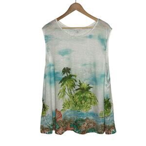 J. Jill Plus Size 4X 100% Linen Tropical Beach Scene A-Line Sleeveless Shirt